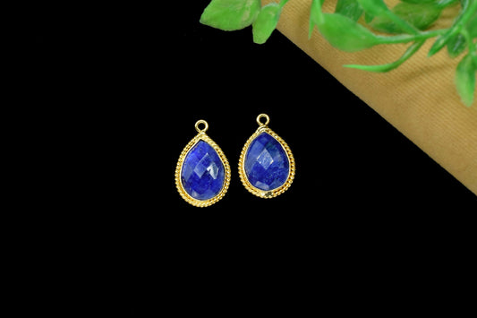 Blue Sapphire Faceted 10x14mm Pear Shape Charm,Blue Sapphire Connectors,Sapphire Single Bail Connector,Sapphire Gold Plated Charms Pendant