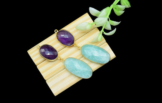 Amazonite Dangle pendants,Station Bezel Link,Amethyst  pendant Charms,Component pendant,Multi Gemstone Connectors,Handmade Bezel Jewelry