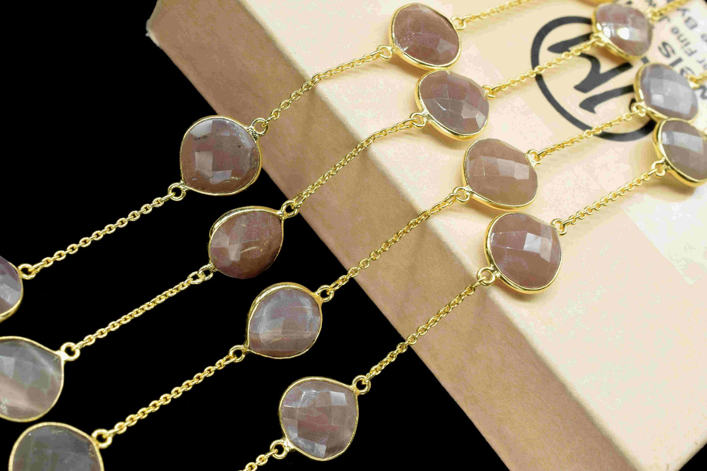 Peach Moonstone 12mm Heart Shape Bezel Chain,Peach Moonstone Connectors Link Chain,Handmade Bezel Link Chain,Gold Plated Bezel Link Chain