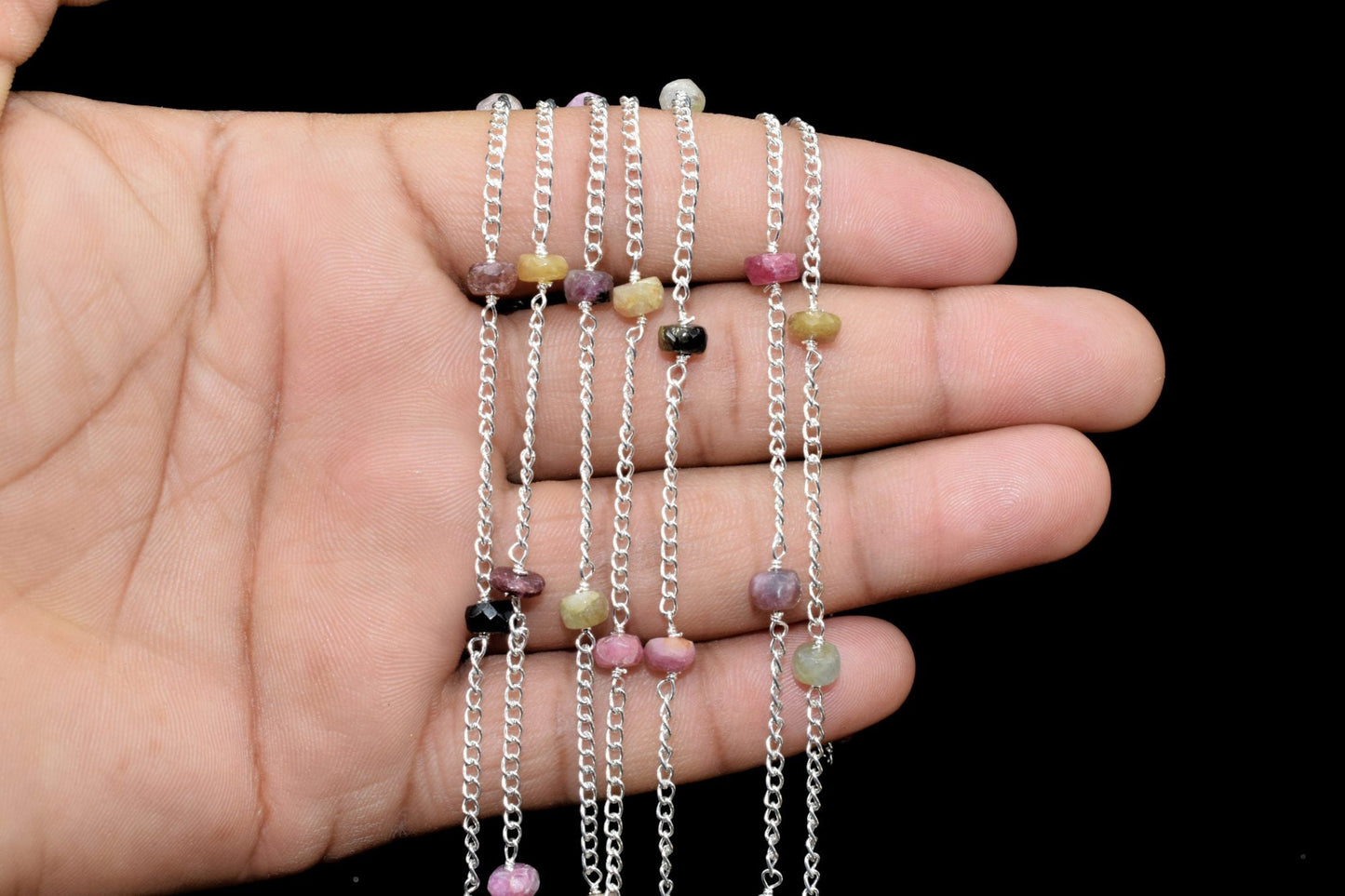 Multi Tourmaline Beads Rosary,Silver Plated,Wire Wrapped link Stone Rosary Chain,Round Faceted Bead,Craft Supply Rosary,Handmade Beads Chain
