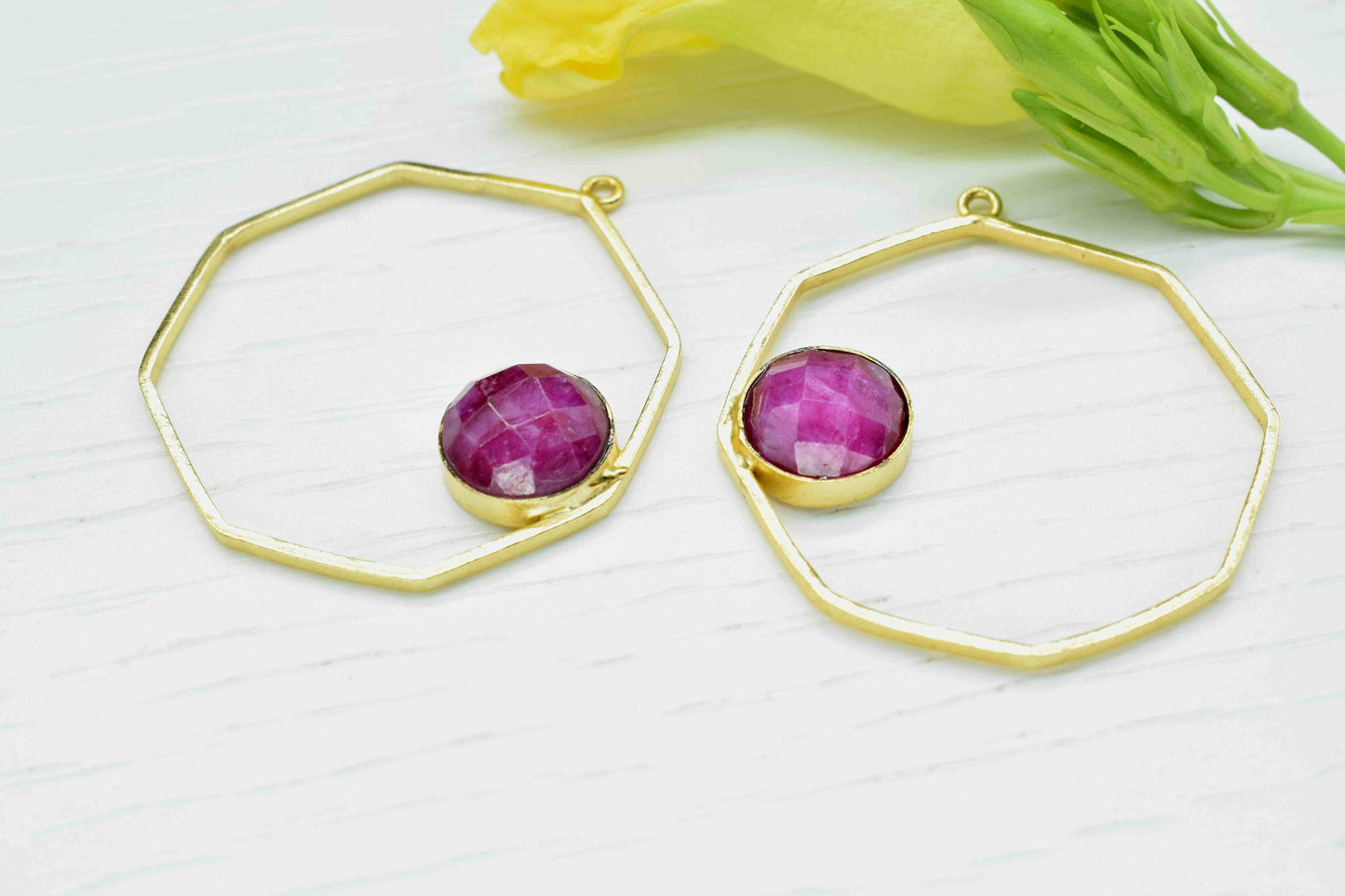 Ruby 10mm Round Shape Earring, Finding 32mm Hexagon Necklace Component Jewelry, Finding Earring Connector, Ruby Gemstone Pendants, Component
