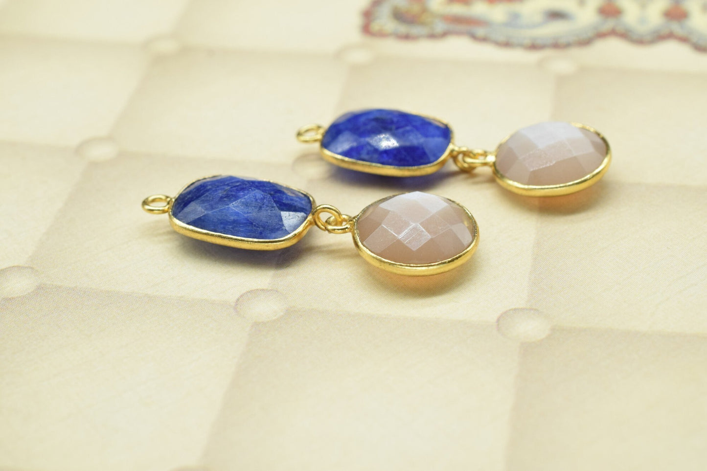 Blue Sapphire & Peach Moonstone Connector,Handmade Pendant,Multi Stone Pendant Charms Necklace,Station Bezel Link,Gemstone Earring Connector