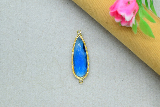 Blue Topaz Gemstone 10x30mm Teardrop Charm,Topaz Quartz Gold Plated Double Bail Connector,blue Topaz Teardrop Shape Pendant Jewelry Making