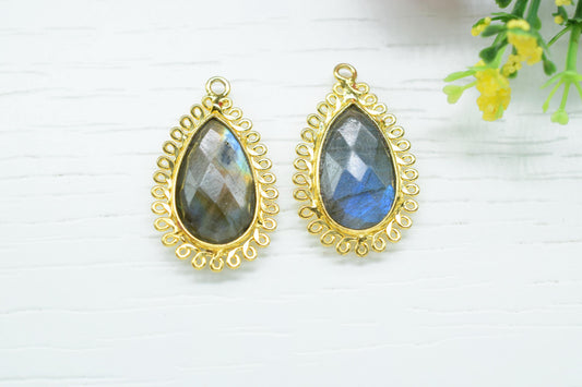 Labradorite 12x20mm Teardrop Bezel Charms,Gemstone Brass Component,Wholesale Jewelry,Single Bail Pendant,Handmade Jewellery Connectors,Gift