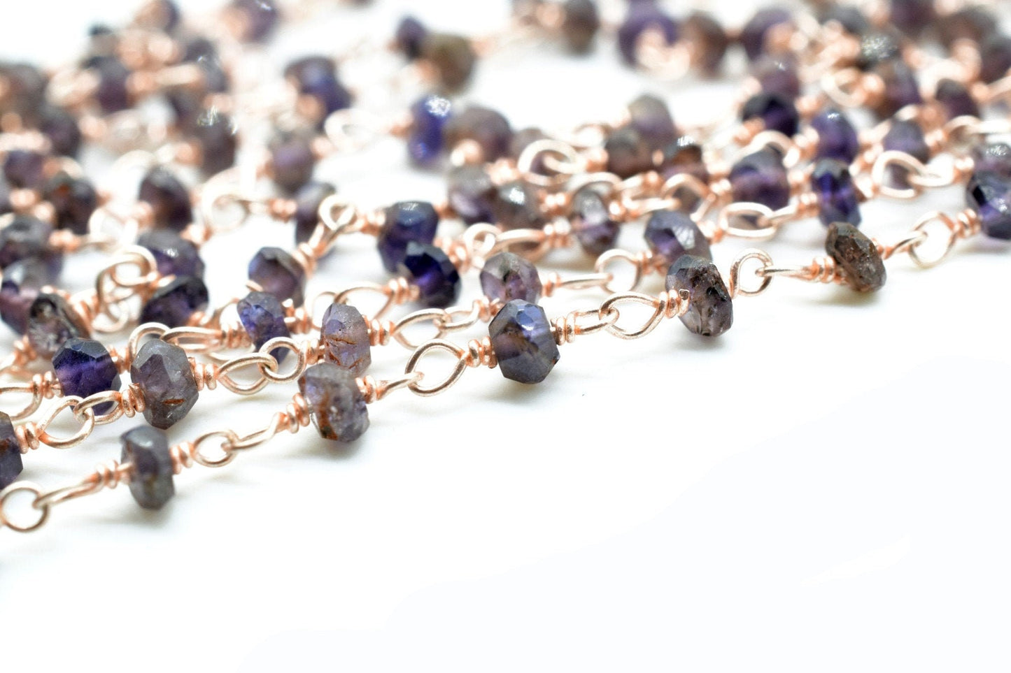 Rose Gold Plated iolite Rosary Chain,Purple Crystal Beaded Chains,3mm iolite Beaded Chain,Wholesale Price Rosary Roll,Faceted beads,