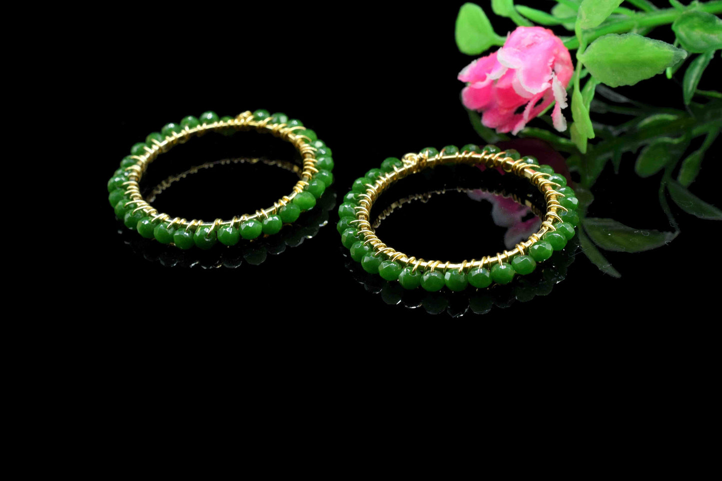 Natural Emerald Beaded Hoops Earring, Circle Pendant Component, Wire Wrapped Dangle Connector, Handmade Earring,Findings Component Jewelry