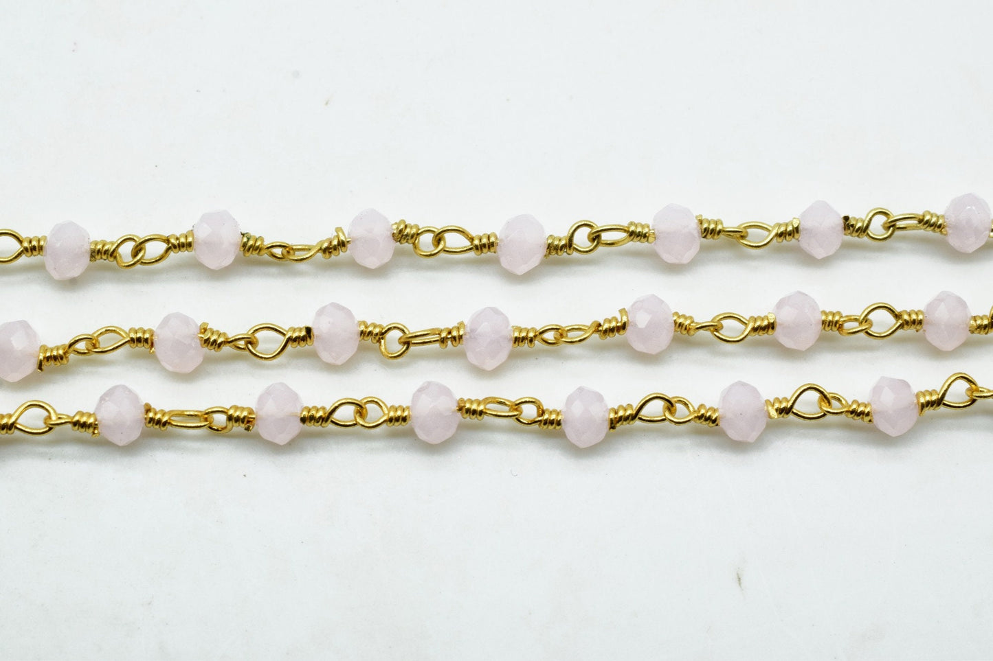 Rose Quartz 3mm Beaded Chain,Pink chalcedony Wire Wrapped Chain,Rose quartz Brass chains,Jewelry Making Chain,Rose Quartz Beads rosary chain
