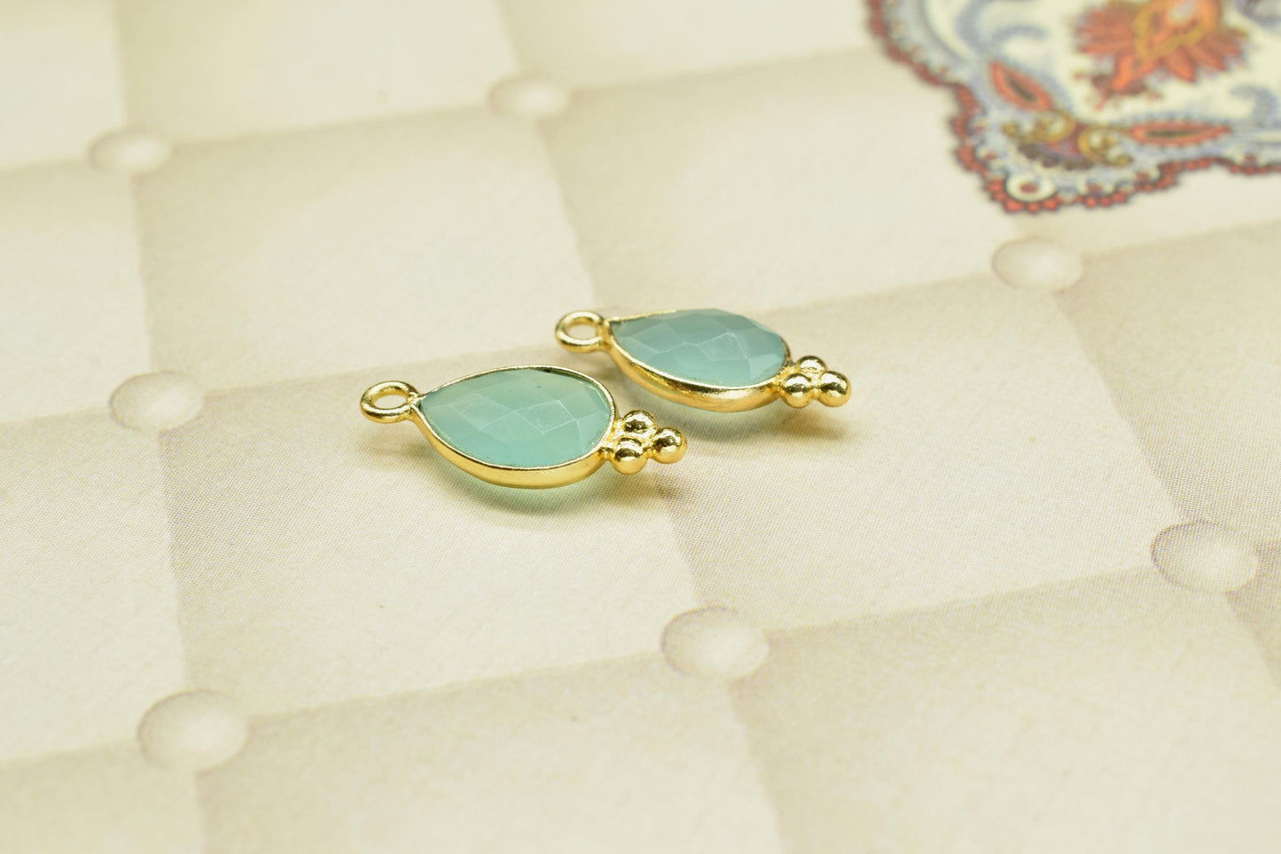 Aqua Chalcedony 7x10mm Pear Shape Gold Plating Bezel,Aqua chalcedony Single Bail Charms Jewelry,Aqua Chalcedony Faceted Bezels Charms,Gift