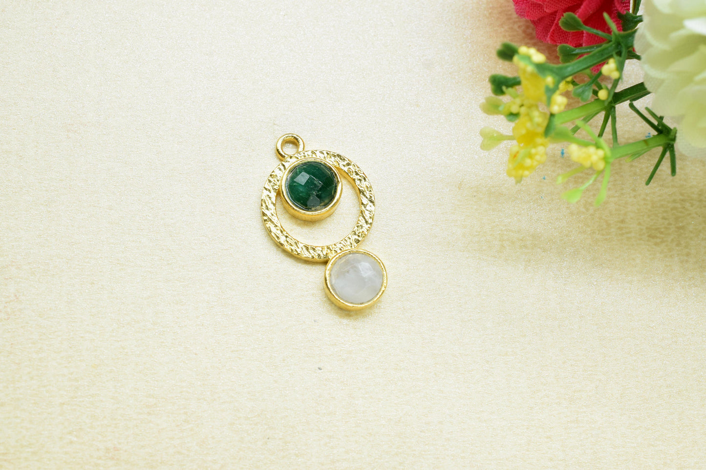 Emerald + Moonstone Gemstone  Pendant , Multi Gemstone Handmade Pendant , Single Bail Checker Cut Gemstone Connector, Gold Plated Connectors