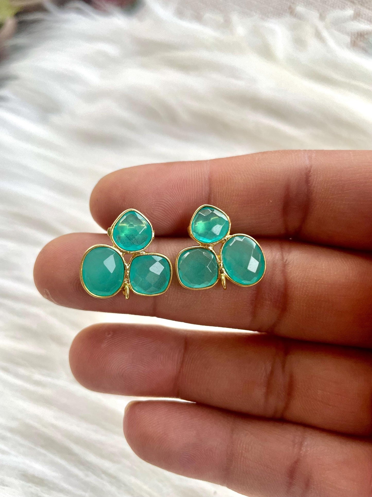 Aqua chacledony studs,Gemstone stud, wrapping earring,Aqua color earring,Gemstone stud,Push back earring,Birthday giftcushion shape studs,