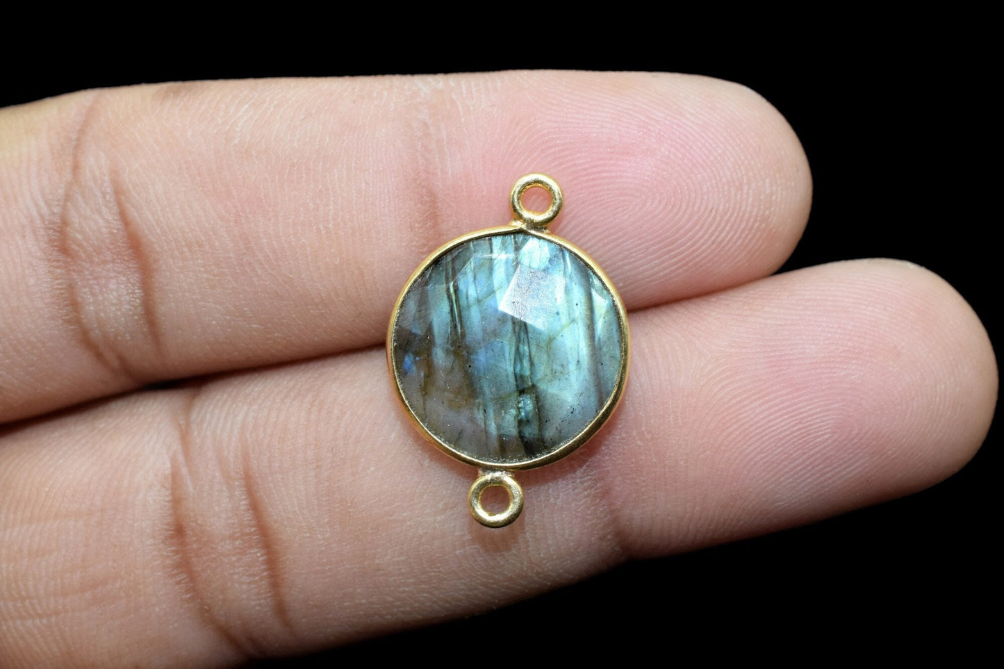 Labradorite 14mm Round double bail connectors,Labradorite Pendant,Faceted Labradorite bezel link,Gemstone Charm,Gemstone Pendant,Round charm