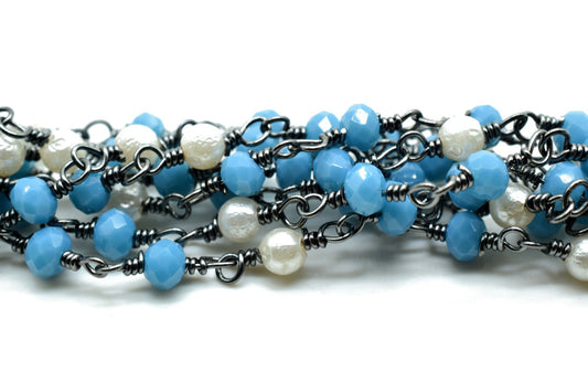 Turquoise Beaded Chain,Turquoise Faceted Beads Wire Wrapped Chain,pearl rosary ,Brass chains,Jewelry Making Chain,Turquoise Beads rosary