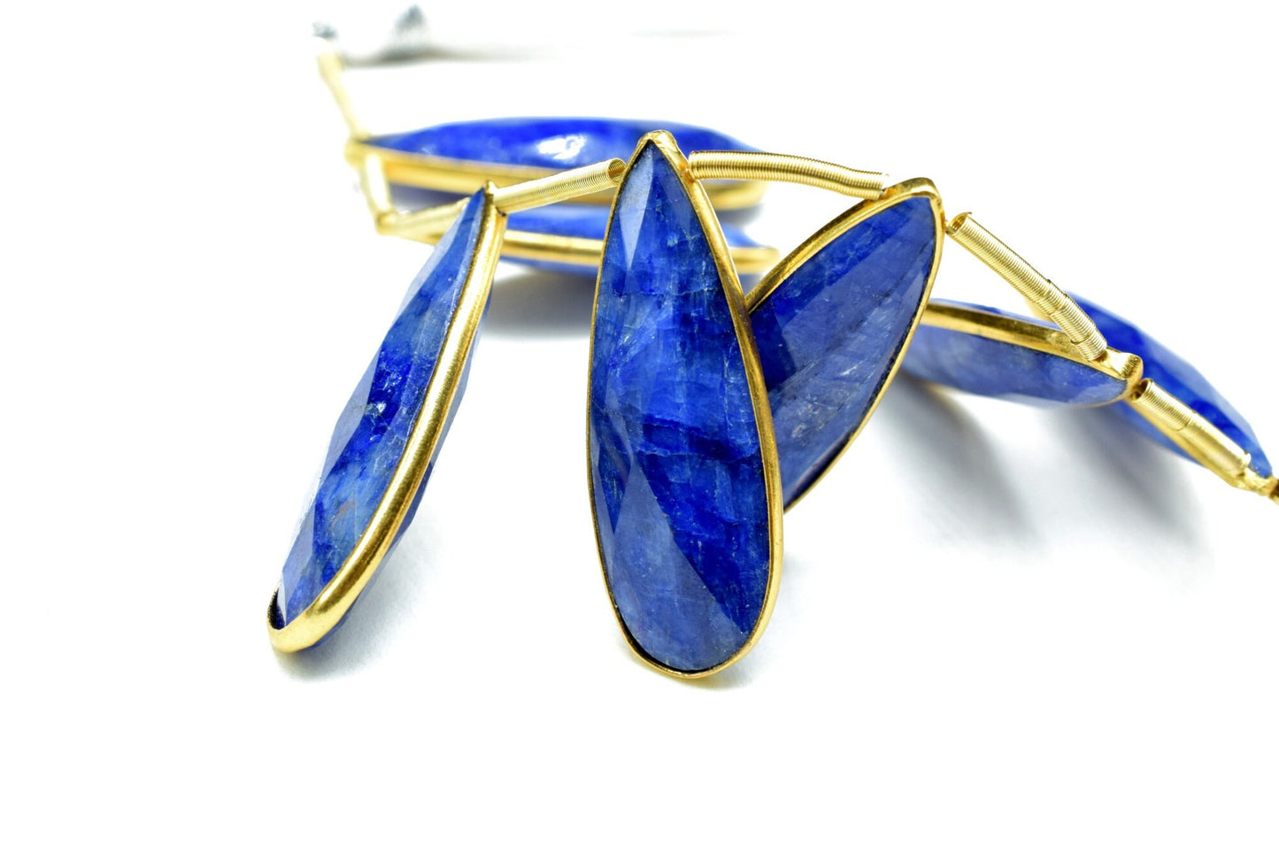 Blue Sapphire 10x30mm Bezel charm 7 pieces strand,Brass Gold Plated bezel,Teardrop Light Gold Bezel Trim Edge Faceted Gemstone,bezel strands