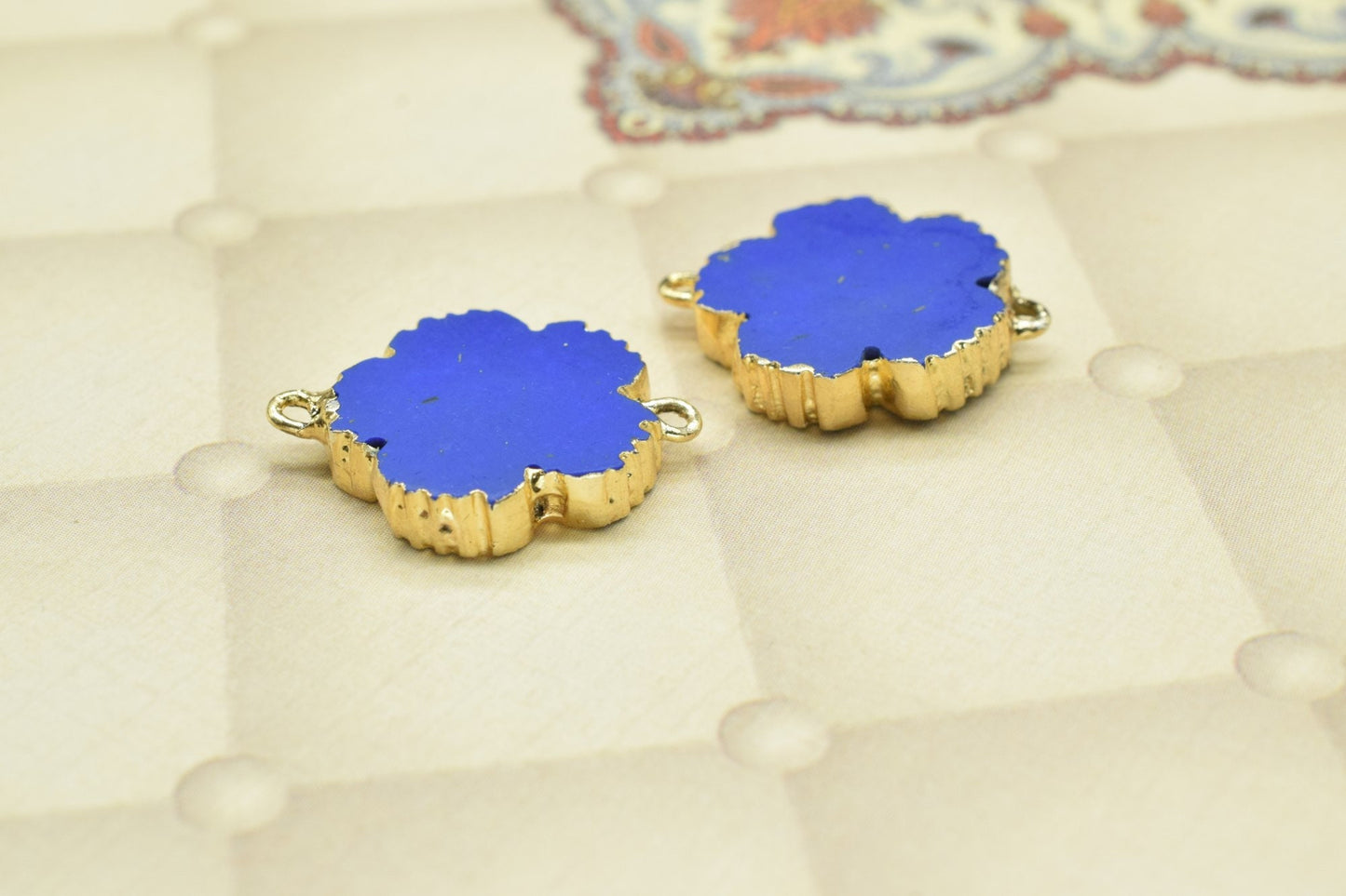 Lapis Lazuli Clover Shape Pendants,Handmade Flower charm Pendants,Necklace Connectors,Gemstone Electroplated Charm,Double Bail Connectors