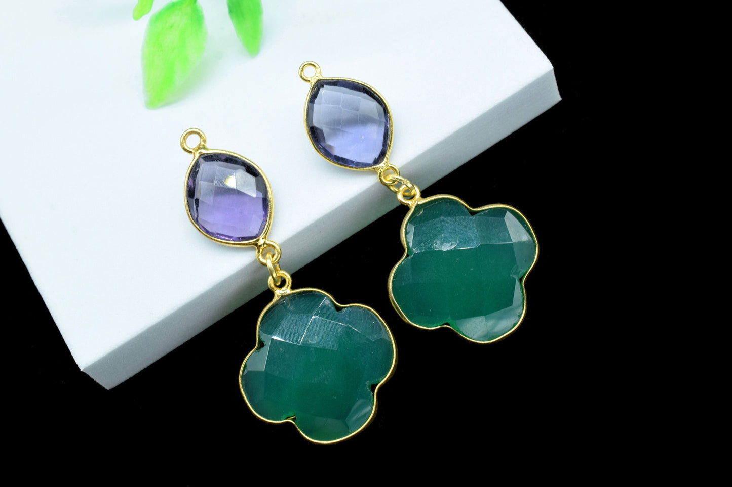 Green Onyx Dangle Component pendant,Multi Stone Dangle Earring,Handmade Necklace Connector,Amethyst pendant Charms,Gemstone Bezel pendant