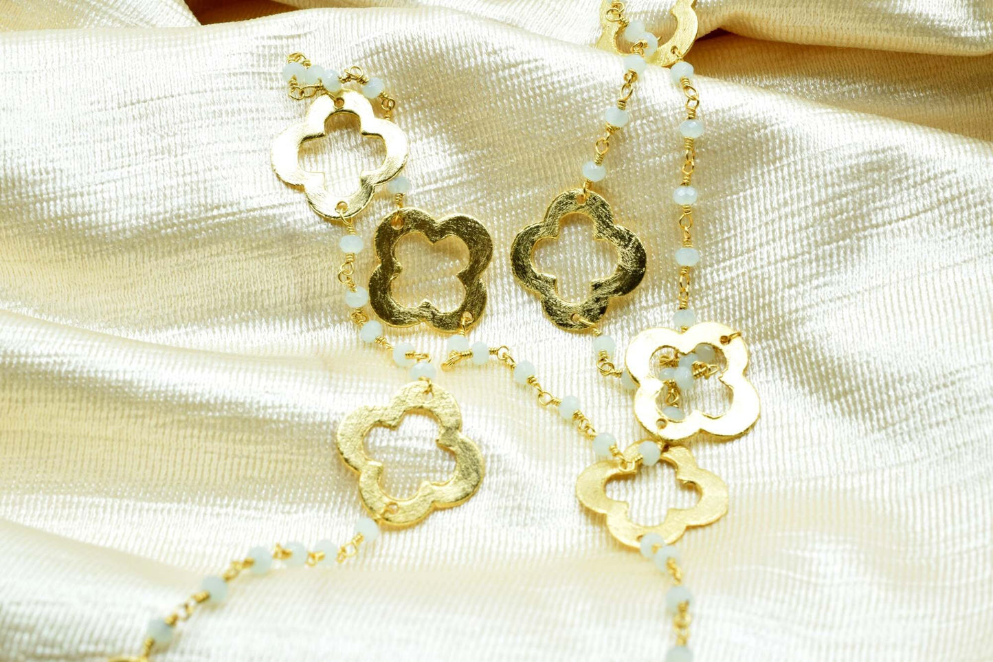 Aqua Chalcedony 3mm Beaded Chain,Aqua Chalcedony charms Rosary ,Gold Plating Wire Wrap Chain,Aqua Chalcedony Brass chain,jewelry making gift