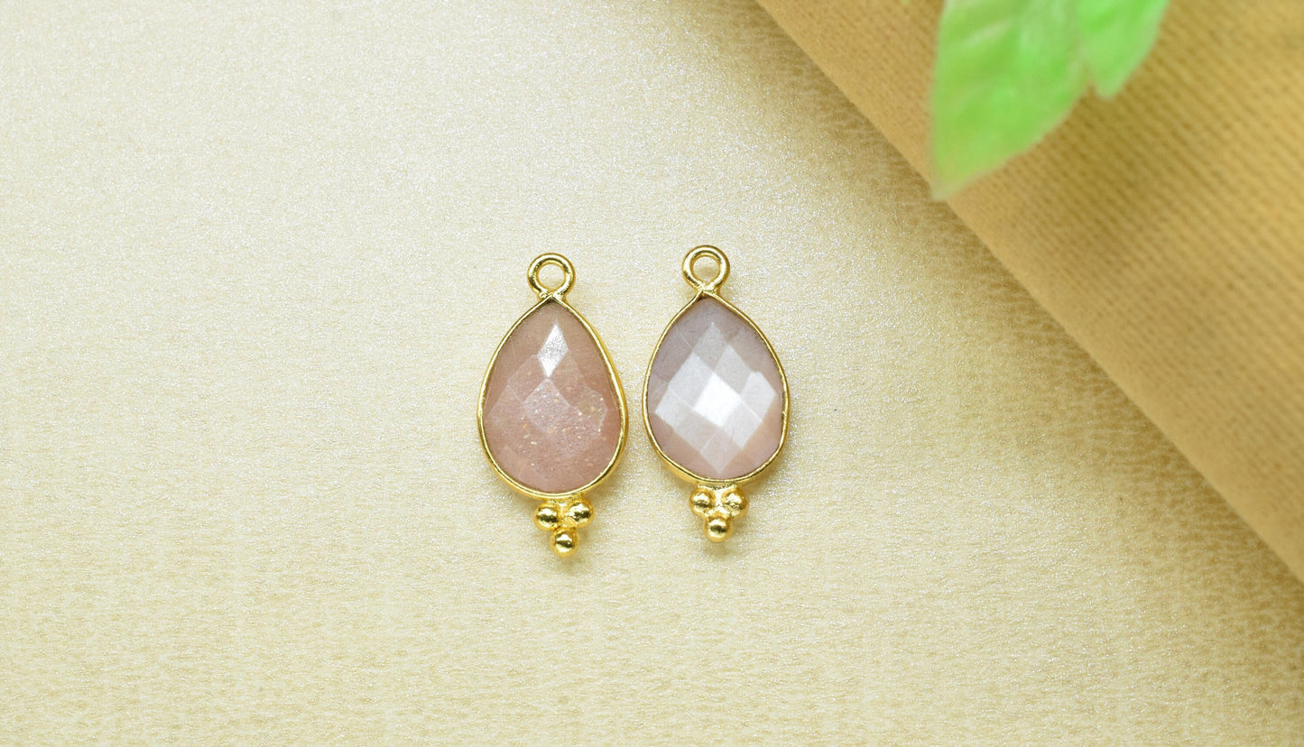 Peach Moonstone Faceted Charms Pendant,Peach Moonstone Single Bail Pendant Jewelry,Peach Gemstone 10x14mm Teardrop Shape Gold Plated bezel