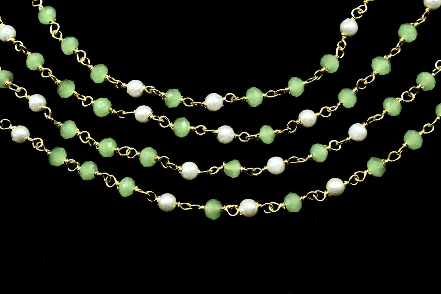 Prehnite Faceted Beads Rosary Chain,Gold Plated Wire wrapped Beaded Chain,Gemstone Beads Rosary Chain,Pearl Rosary Chain,Wire Wrapped Beads