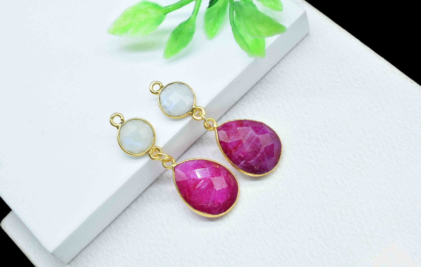 Moonstone Dangle pendant Charms,Multi Gemstone Dangle Earring,Ruby pendant Connectors,Handmade Station Bezel Link,Component Jewelry Gift For