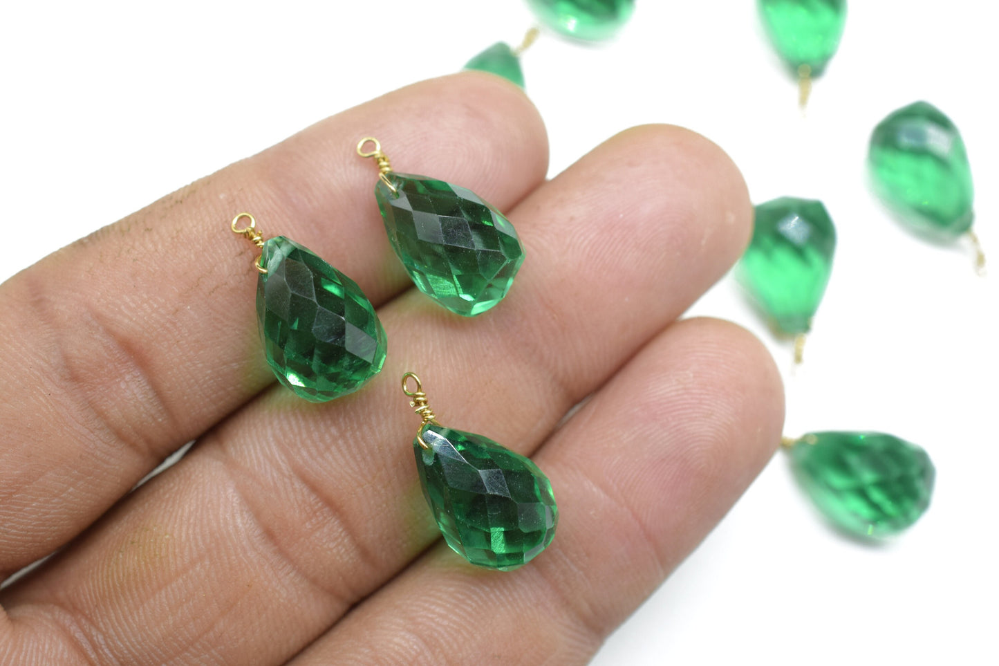 Emerald Color Hydro Quartz 10x14mm Faceted Drops,Emerald Wire Wrapped Teardrop,Emerald dainty Pendant,Emerald Connector Charms,Emerald Beads