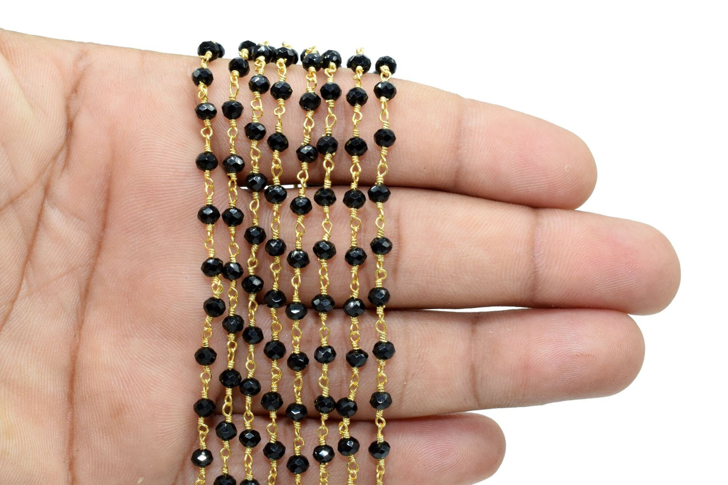 Black Spinel 3mm Rosary Style Beaded Chain, Black Spinel Faceted Beads Wire Wrapped Chain,Brass chains,Jewelry Making Chains,3mm Beads Chain