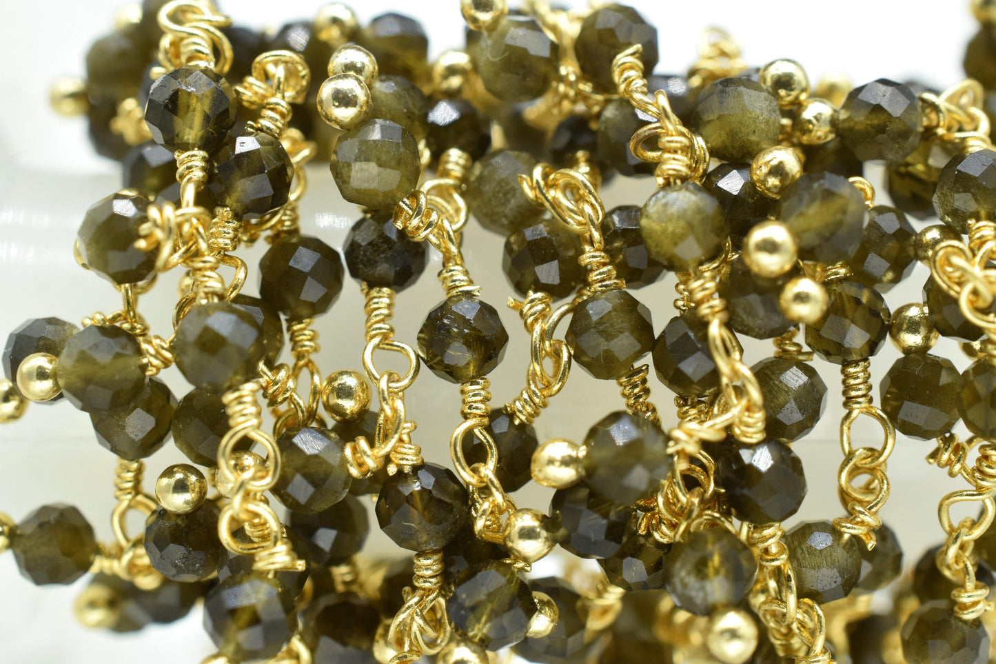 Green Cats Eye beaded Chain,Gemstone Rosary Chain,Wire Wrapped Necklace Chain,Green Cats Eye Cluster Rosary,Handmade Dangling Bead Jewelry