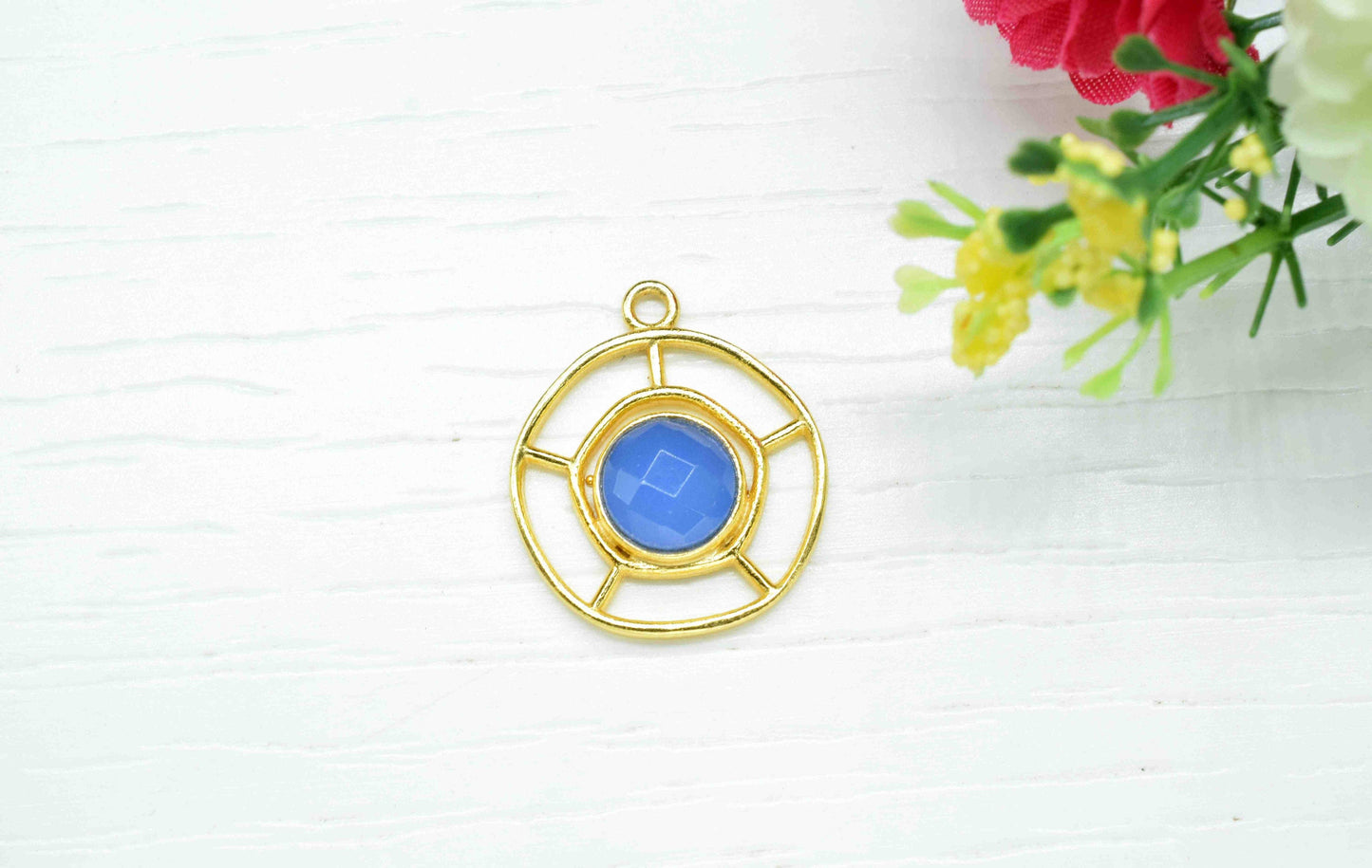 Blue Chalcedony Gemstone Component , Single Bail Charm , Blue Chalcedony Connector Pendant , Gold Plated Connectors , Earring Component