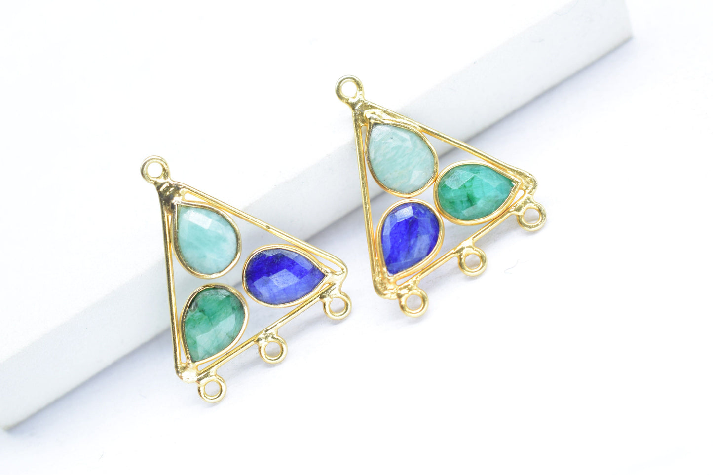 Multi Gemstone Faceted Bezel Pendant,Multi Sapphirer Bezel Connector,Tringle Shape Pendant,Emerald Jewelry,Amazonite Earring Connector,Gifts