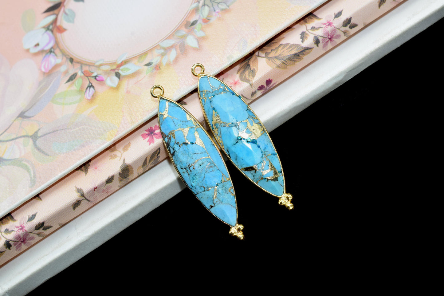 Copper Turquoise Gemstone Charms Pendant,Turquoise Single Bail Pendant Jewelry,Copper Turquoise 10x34mm Marquise Shape Gold Plating Charms