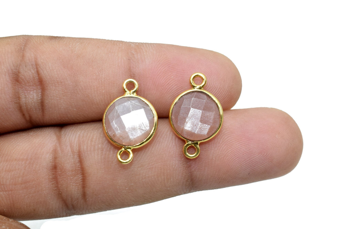Peach Moonstone 10mm round Double bail connectors,Peach Moonstone Pendants,Peach Moonstone Round Gold Plated bezels,jewelry making charms