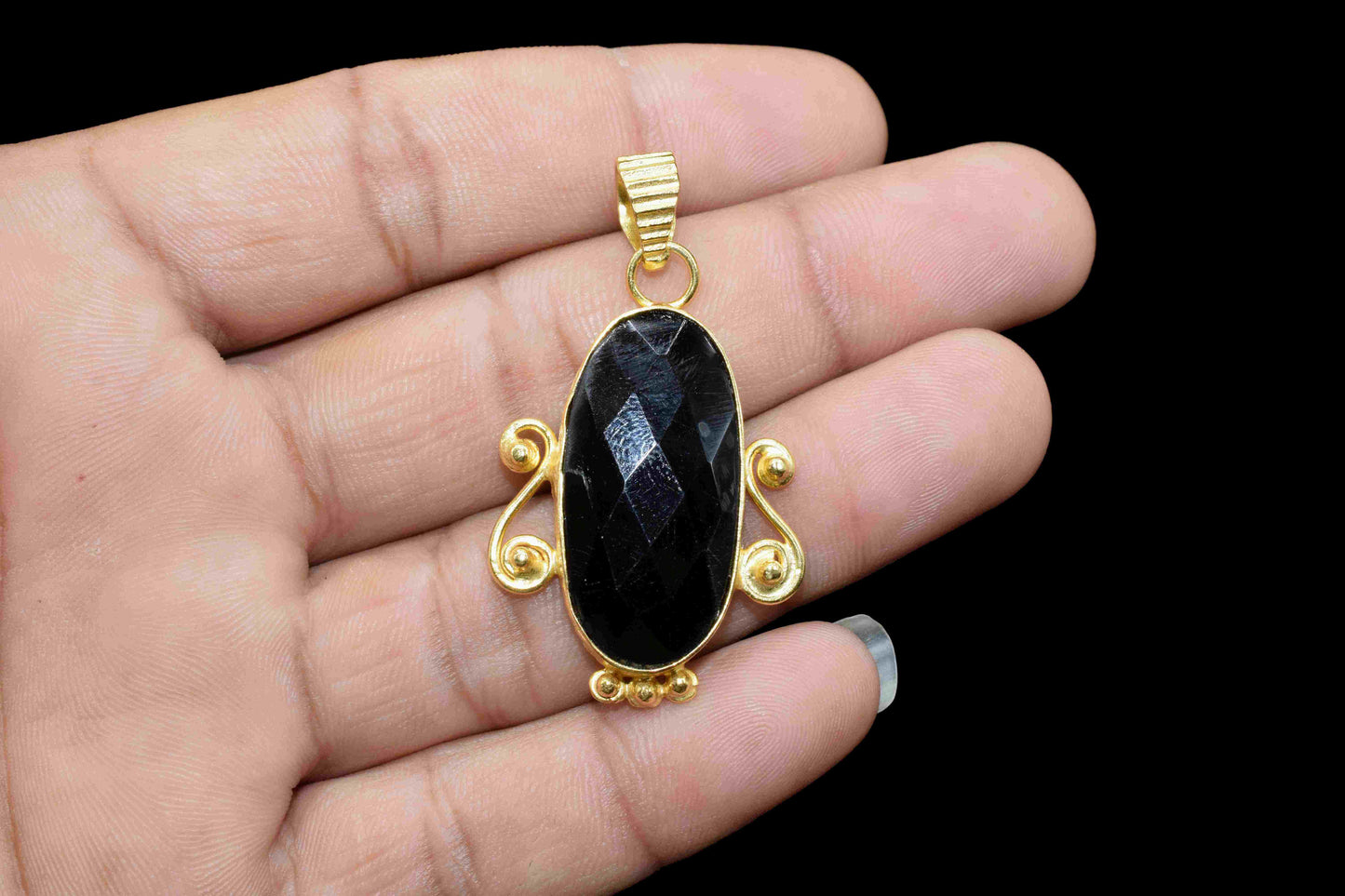 Black Onyx 15x30mm Oval Shape Pendant, Black Onyx Faceted Necklace, Gemstone Pendant Jewelry, Gold Plating Jewelry, Gemstone Pendant Jewelry