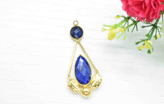 Sapphire Gemstone Pendant , Sapphire Handmade Pendant , Multi Gemstone Charms , Gold Plated Gemstone Connectors , Summer Collection