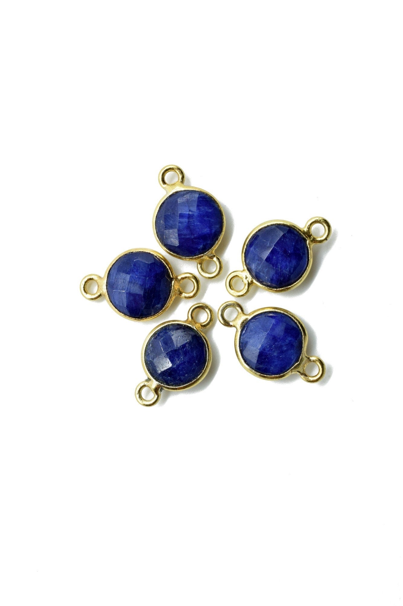 Genuine Blue Sapphire 8mm round double bail connectors,Sapphire Pendant,Sapphire Round Gold Plated bezel,jewelry making Connector,Jewelry
