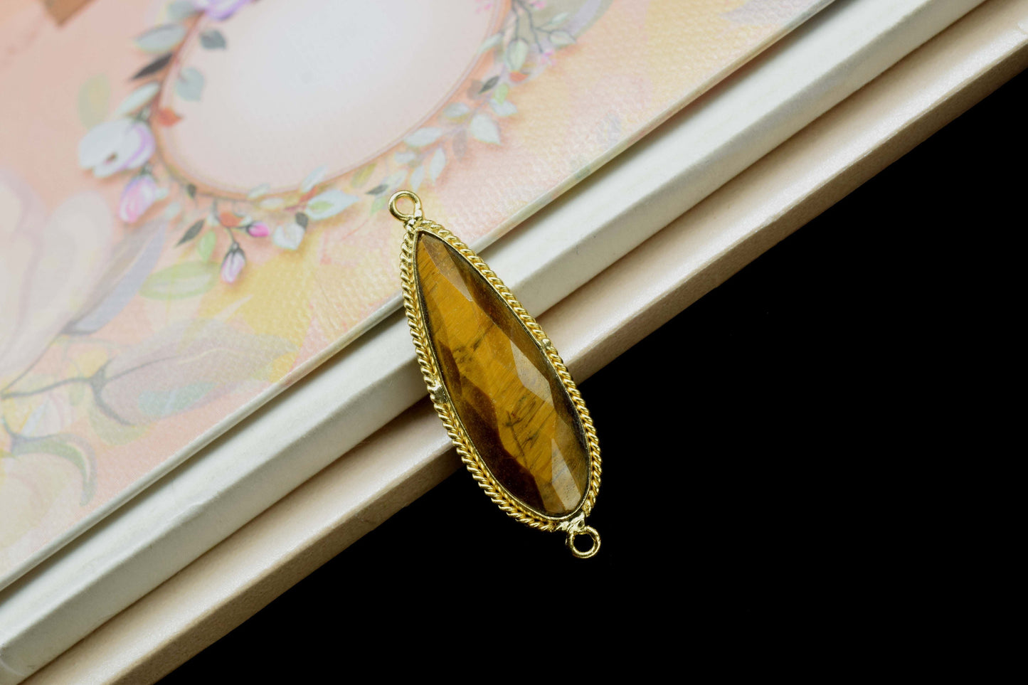 Tiger Eye Gemstone Charms 10x30mm Teardrop Shape connector,Tiger Eye charms Pendant Jewelry,Tiger Eye Gold Plating Dobule bail connectors