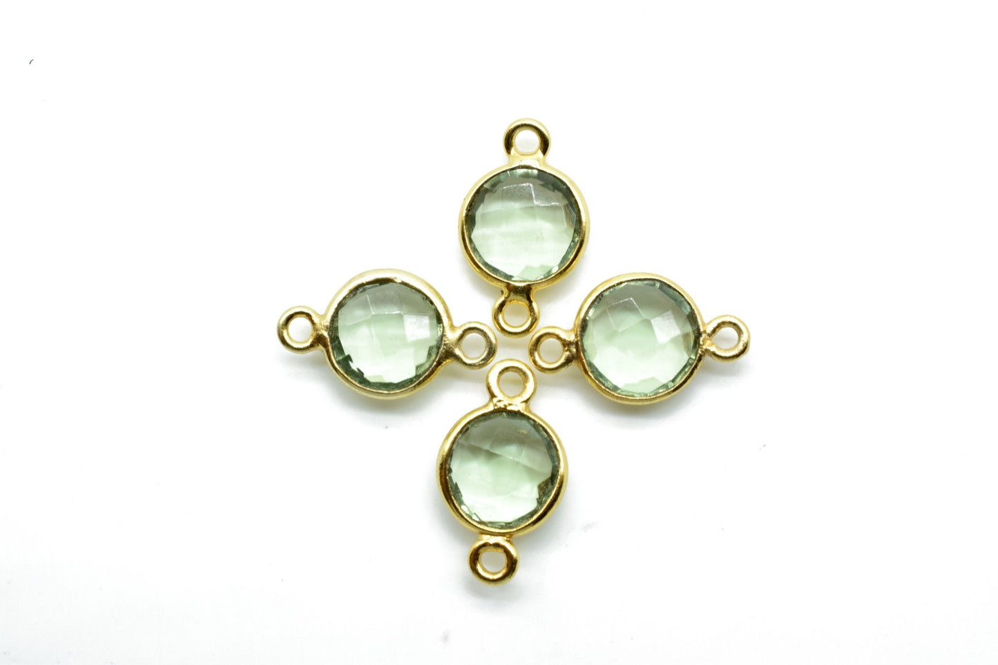 Natural Green Amethyst 8mm double loop connectors,Green Amethyst Pendant,Green Amethyst Round Gold Plated bezel,jewelry making charm, Brass