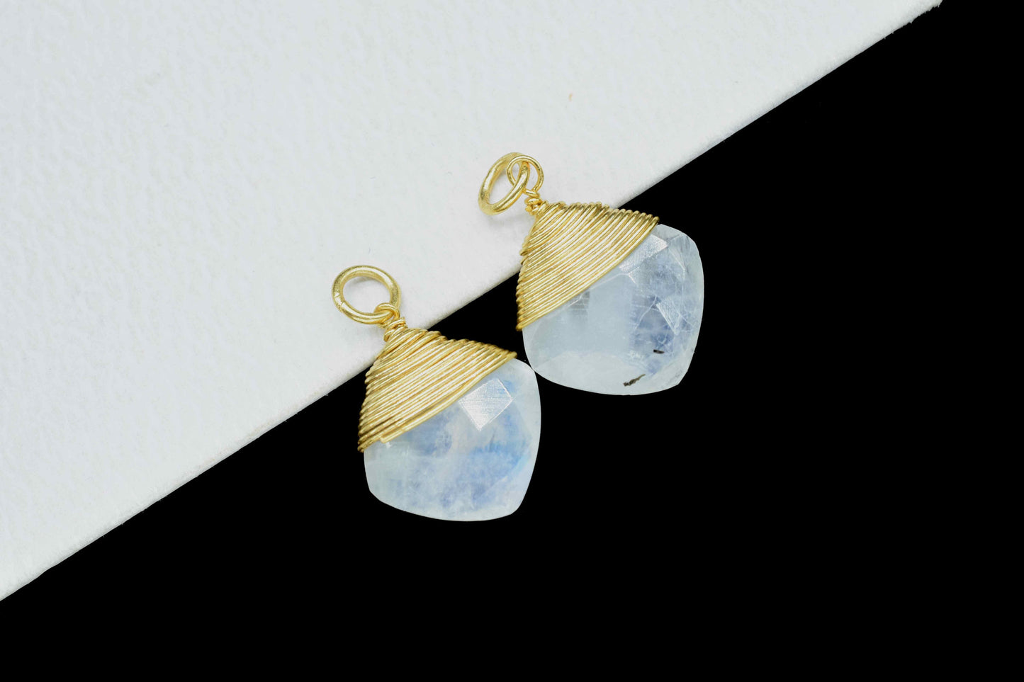 Moonstone 12mm Square Faceted Connector, Gemstone Wire Wrapped Pendant, Loop Connector,Pendant Jewelry,Wire Wrapped Necklace,Rainbow jewelry