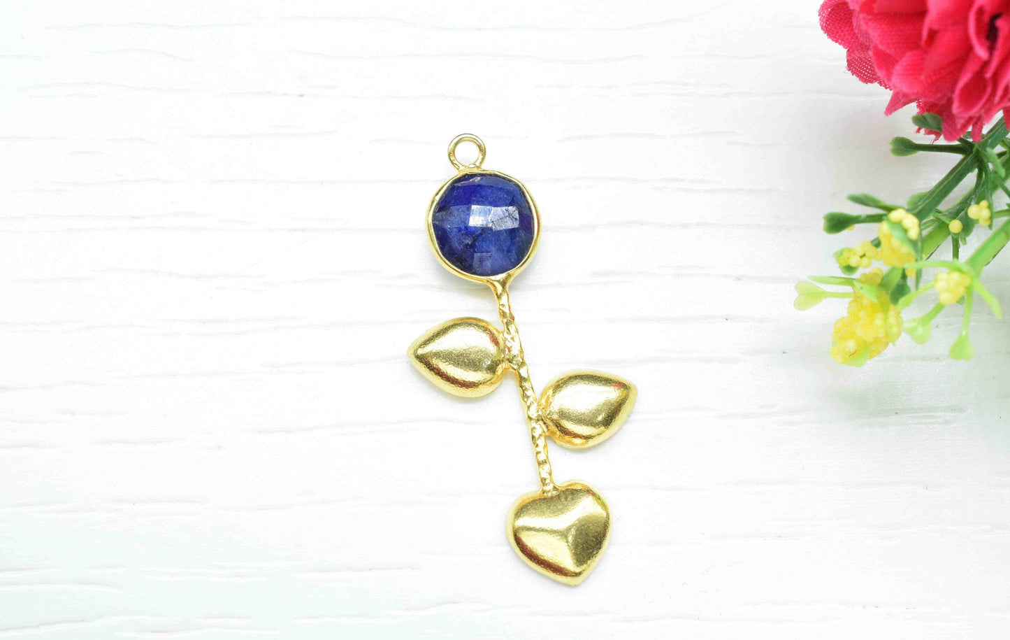 Sapphire Round Shape Pendant , Sapphire  Single Bail Charms  , Genuine Gemstone Charms , Gold Plated Gemstone Connectors , Summer Collection