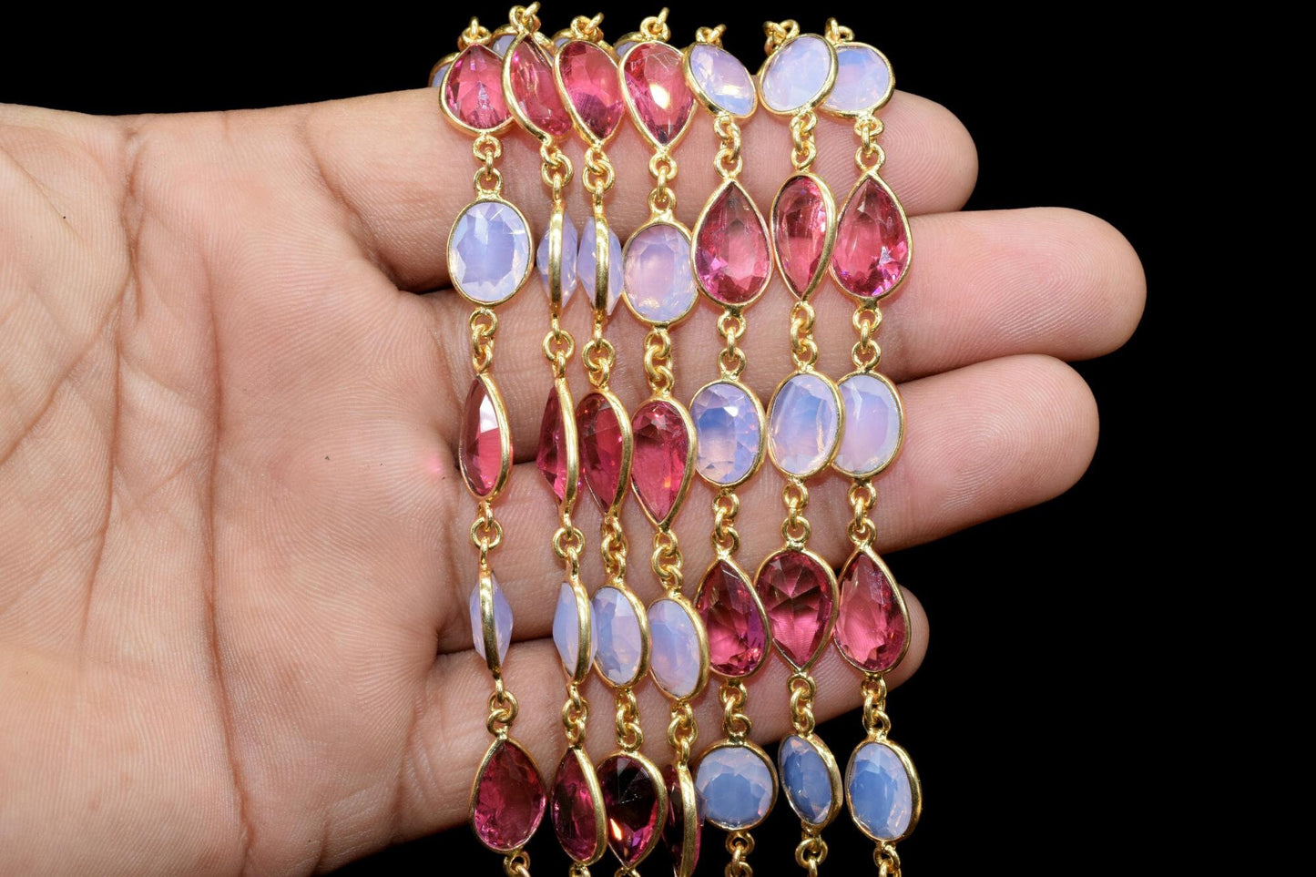 Pink Tourmaline & Opalite Bezel Connector Chain,Gold Plated Gemstone Chain, Bracelet Chain, Oval Connectors,Pink Tourmaline Connector Chain