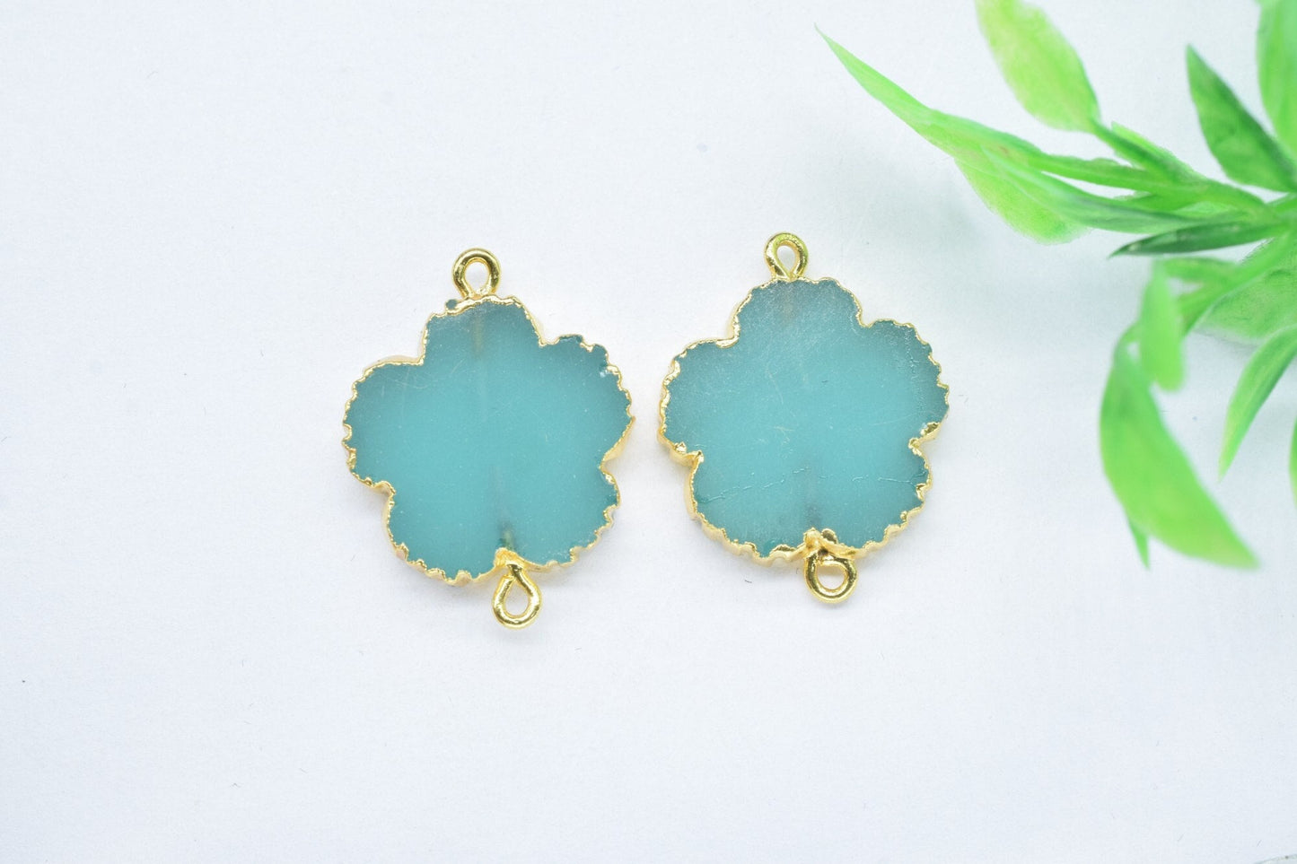 Aqua Chalcedony Clover charm Pendants,Handmade Flower Pendant,Necklace Connectors Jewelry,Gemstone Electroplated Charm,Double Bail Connector