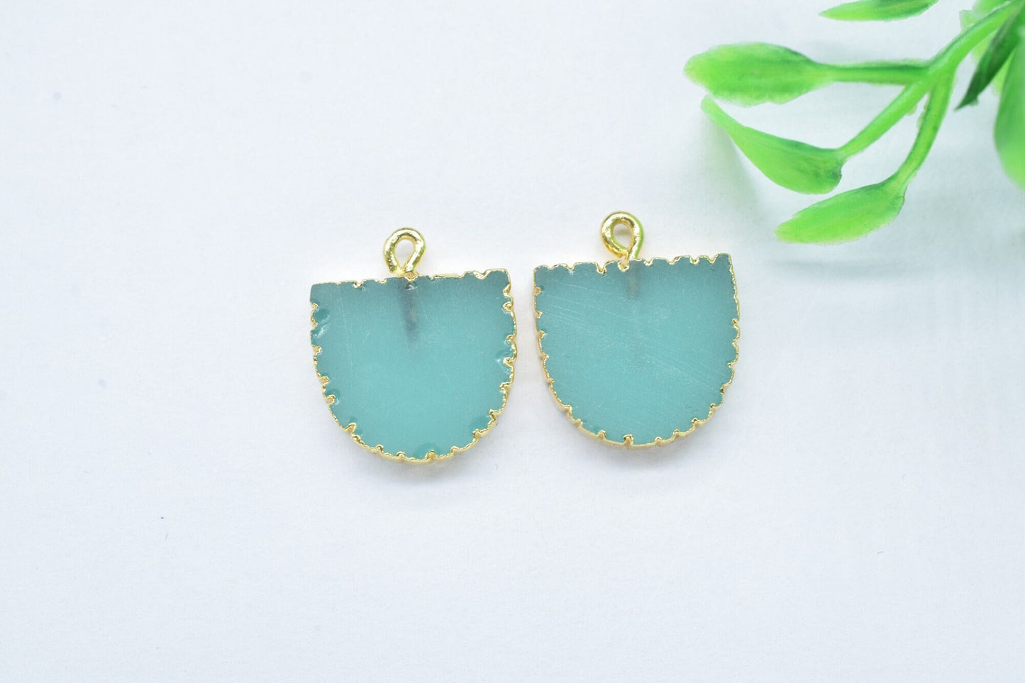 Aqua Chalcedony Semi Circle Pendants,Handmade Half Moon Earring,Necklace Connectors Jewelry,Gemstone Electroplated Charm,Single Bail,Gift