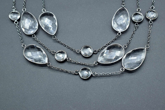 Crystal Bezel link Chain I Handmade Bezel Link Chain,Clear Quartz black rhodium Bezel Chain IBrass Chain,Gemstone Connector Chain Per Foot