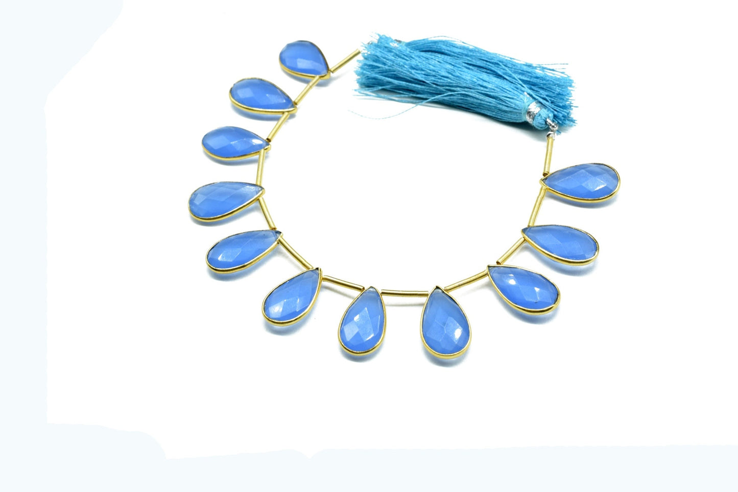 Blue chalcedony Side to Side Drilled chrams,Faceted Teardrop Gold Bezel Rim,pendant,earring findings,connector,Gemstone drilled bezel strand