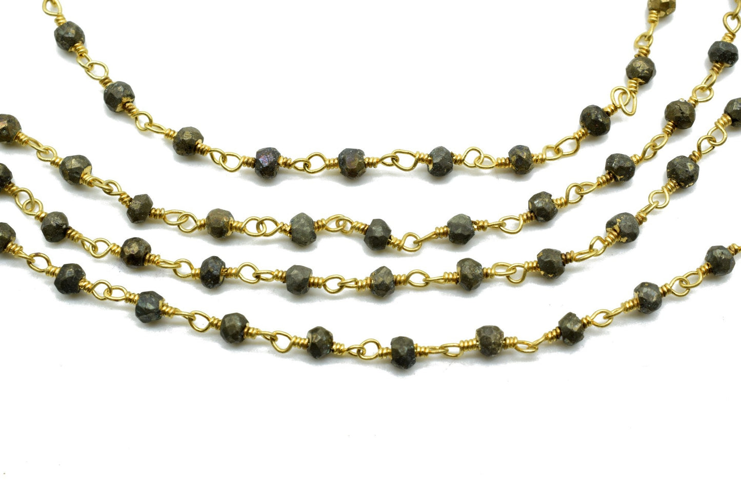 Natural Pyrite 3mm Beaded Chain,Beaded Rosary Chain,Pyrite Wrapped Brass Wire,Bracelet,Handmade Jewelry, Finding Necklace Chain In Brass