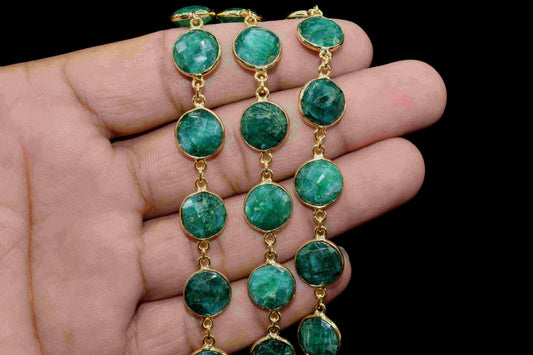 Natural Emerald 10mm Round Shape Faceted Bezels Chain,Gold Bezel Chain,Gemstone Bezels link Chain,Emerald Bezel Jewelry,Emerald Jewelry,Gift