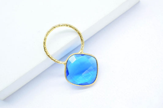 Blue Topaz Pendant/Gemstone Component/Charms Neckalce Pendant/Cushion Shape Charm/Wholesale Supply/Gold Plated Jewellery/B'day Gift