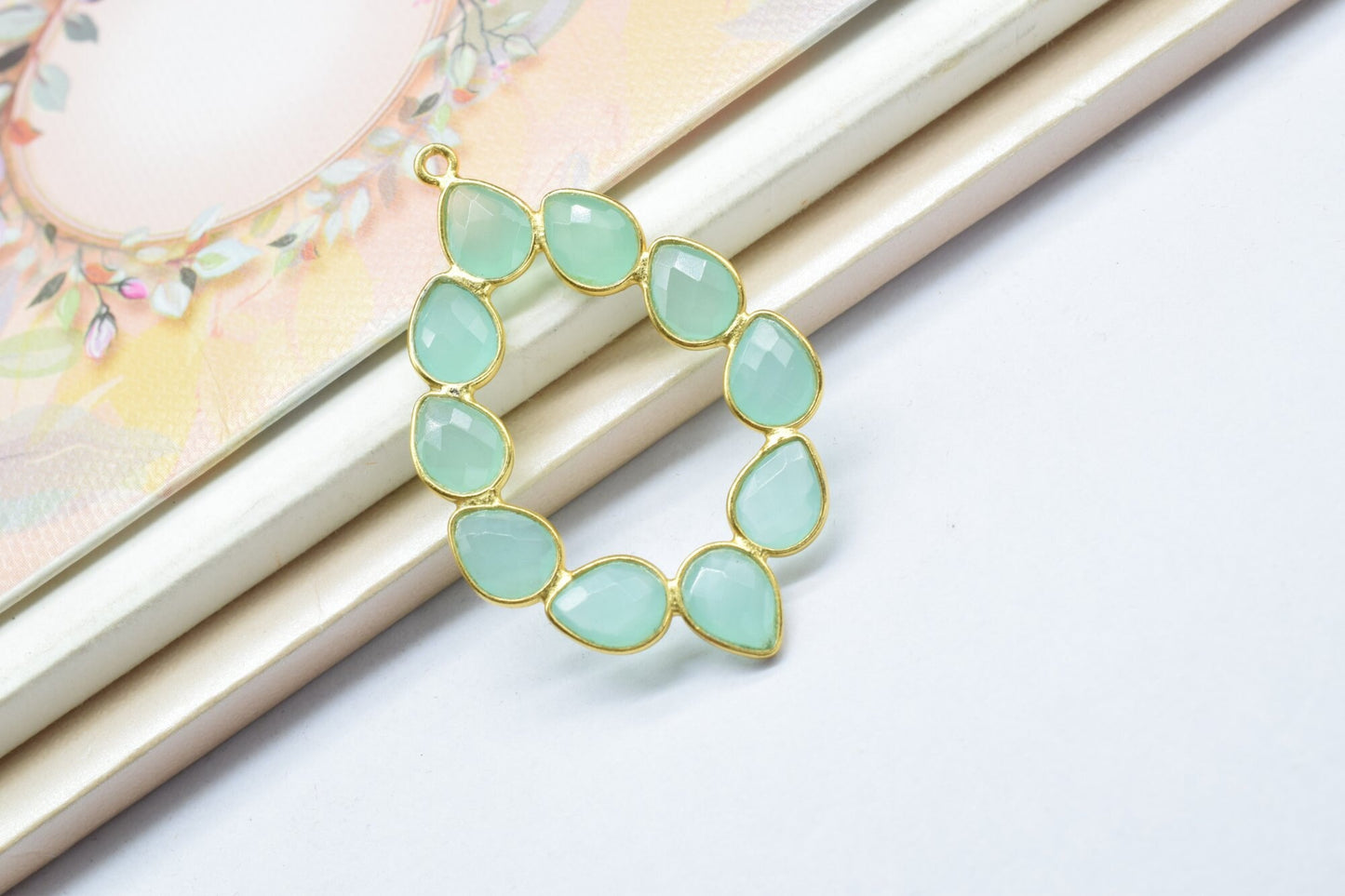 Aqua Chalcedony Earring,Aqua Chalcedony Pendant,Aqua Chalcedony Bezel,10mm t  Bezel,Pendant Connector,Six Attached Bezel,Necklace Pendant