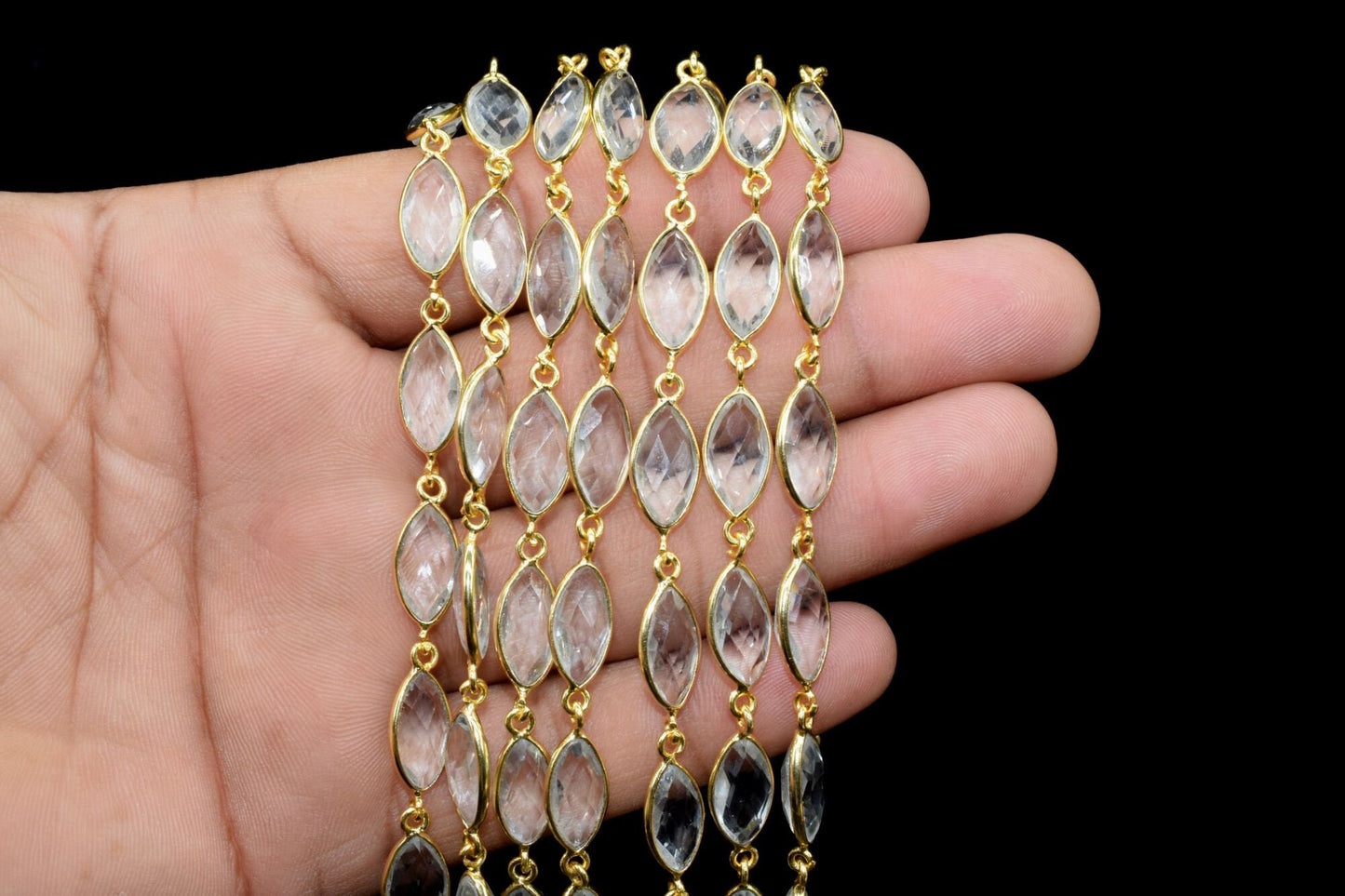 Crystal Quartz Bezel Chain I Handmade Bezel Link Chain I Clear Quartz Gold Plated Bezel Chain IBrass Chain,Gemstone Connector Chain Per Foot