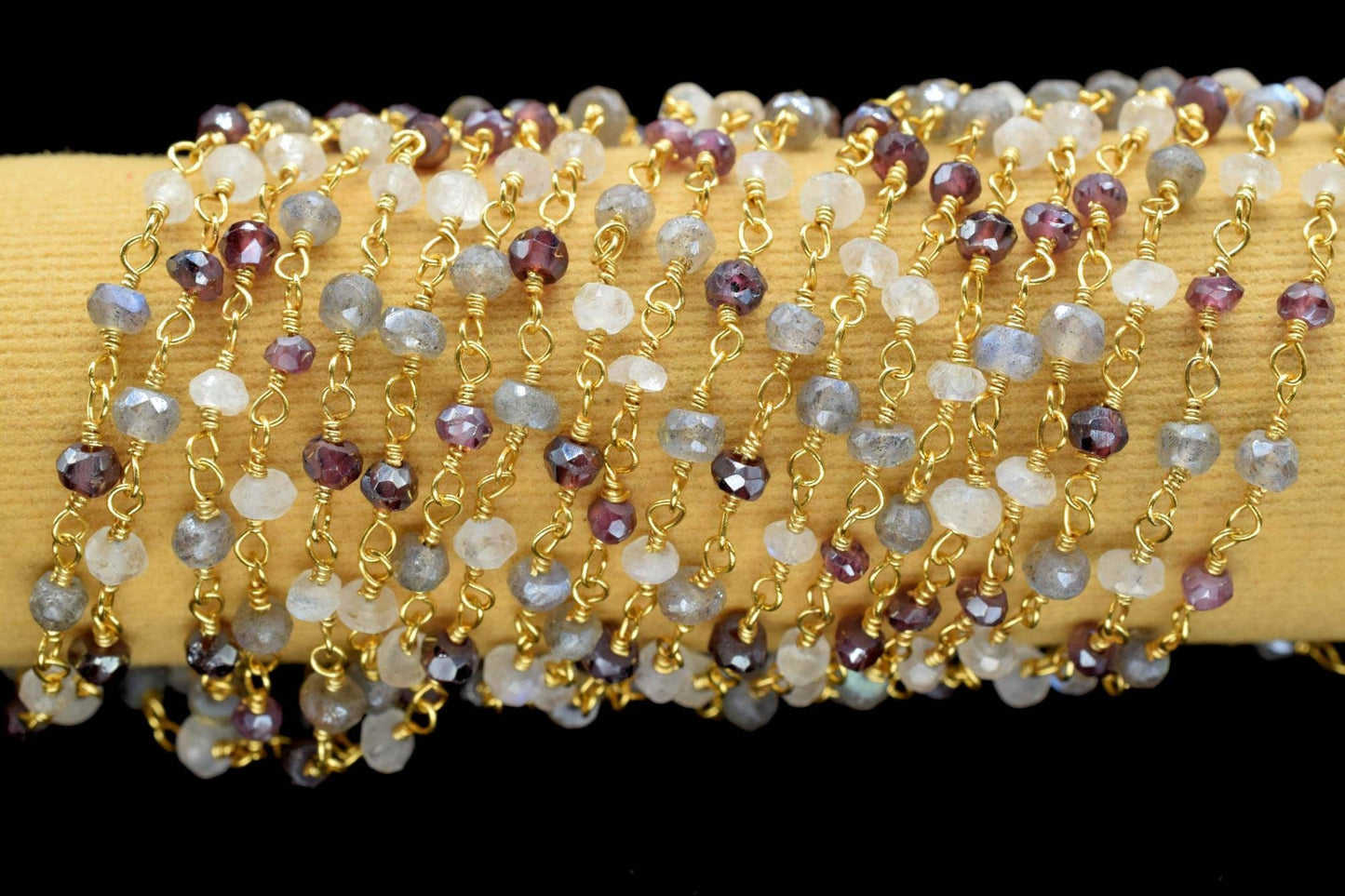 Labradorite 3mm Beaded Chain,garnet Rosary Chain,Gold Plating Wire Wrap Chain,moonstone beaded chain,combination rosary,multi gemstone,craft