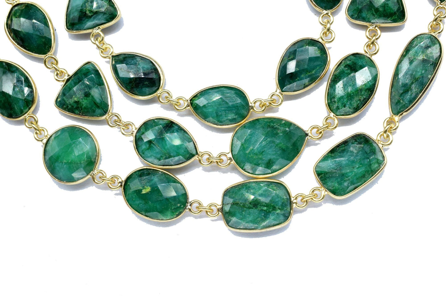 Natural Emerald Faceted Connectors, Gold Bezel Chain, Free Size Gemstone Connector, Handmade Station Bezel Link Chain, Emerald Bezel Jewelry