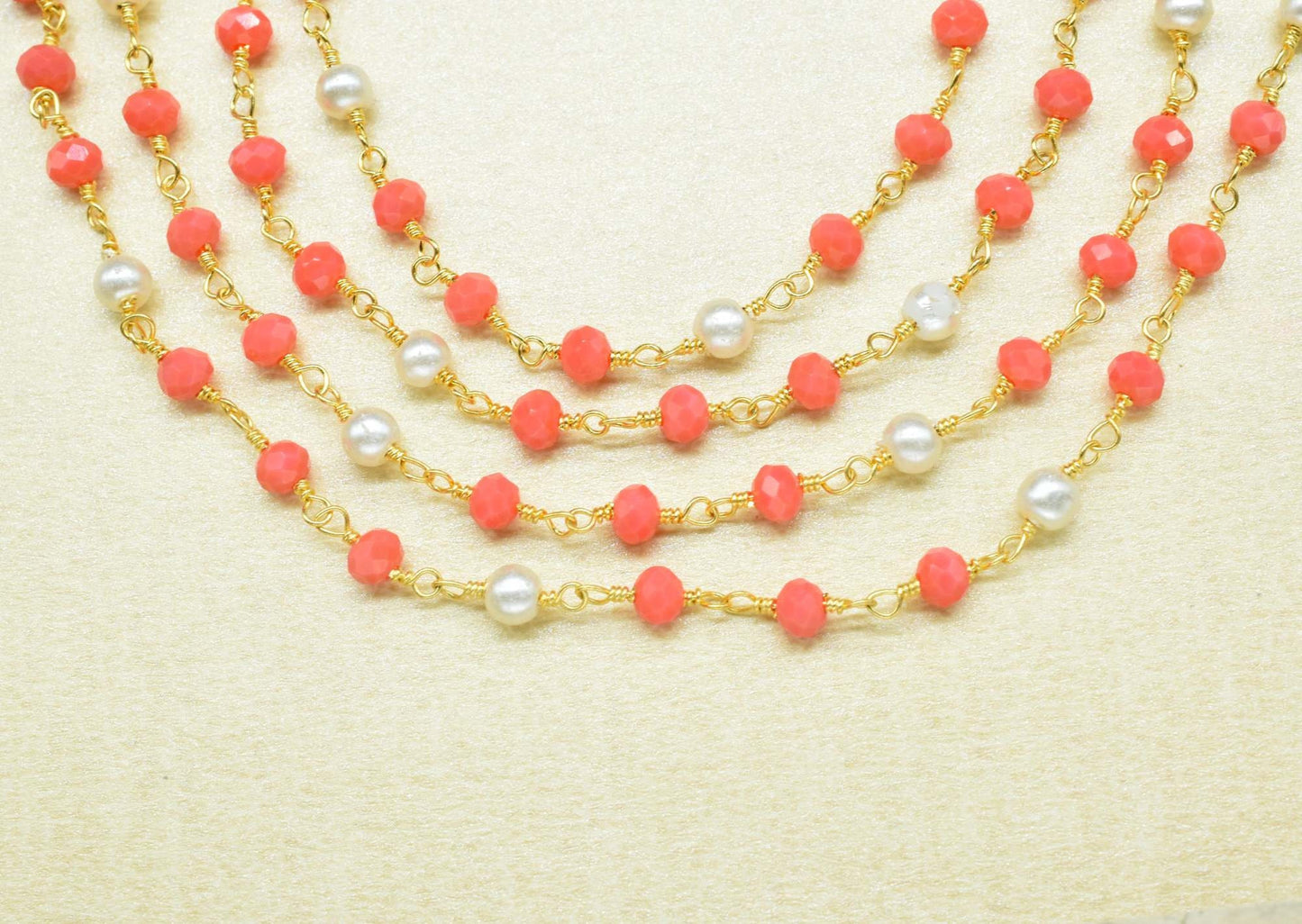 Red Coral Rondelle Beaded Rosary Chain,Gemstone Rosary Chain,Handmade Jewelery Making Craft,Pearl Wire Wrap Rosary Chain,Finding Chain Gift